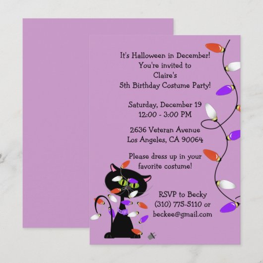 Invitation de fête d'anniversaire de chat noir per (Devant / Derrière)