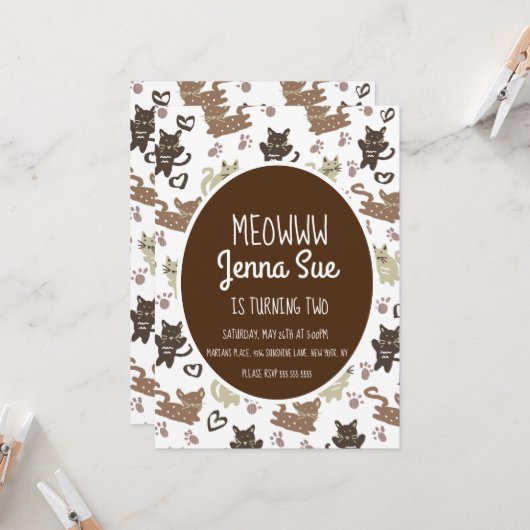 Invitation de fête d'anniversaire de chaton mignon (Devant/Arrière en situation)