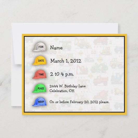 Invitation de fête d'anniversaire de construction (Dos)