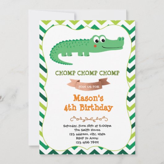 Invitation de fête d'anniversaire de crocodile (Devant)