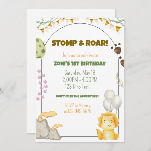 Invitation de fête d'anniversaire de Dinosaur (Devant / Derrière)