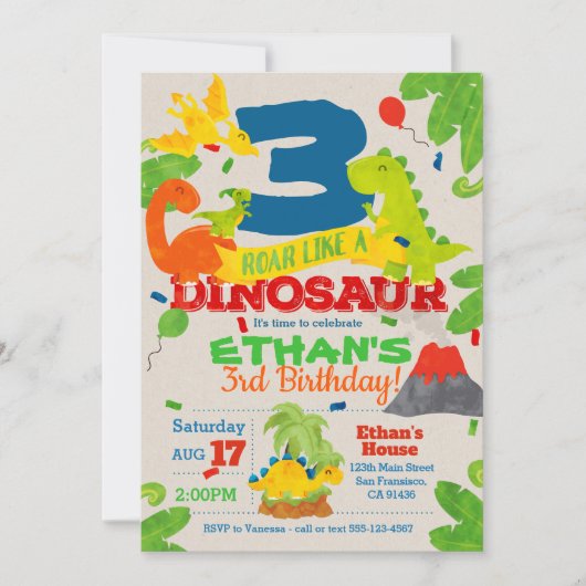 Invitation de fête d'anniversaire de dinosaure (Devant)