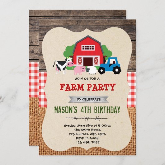 Invitation de fête d'anniversaire de ferme (Devant / Derrière)