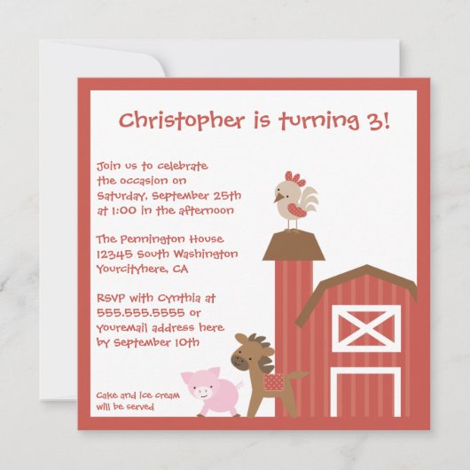 Invitation de fête d'anniversaire de ferme du (Devant)