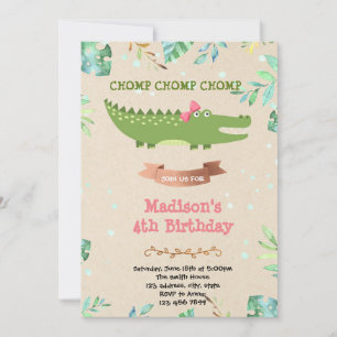 Invitation de fête d'anniversaire de fille crocodi