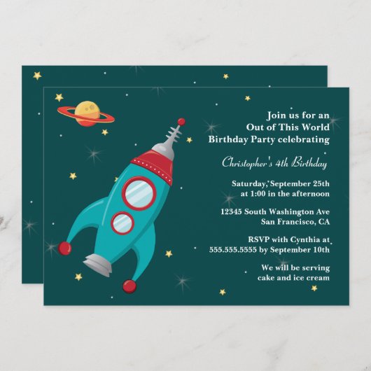 Invitation de fête d'anniversaire de fusée (Devant / Derrière)