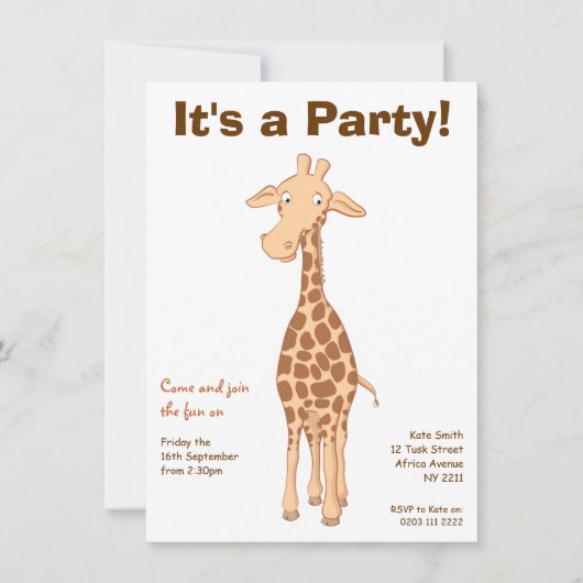 Invitation de fête d'anniversaire de girafe (Devant)
