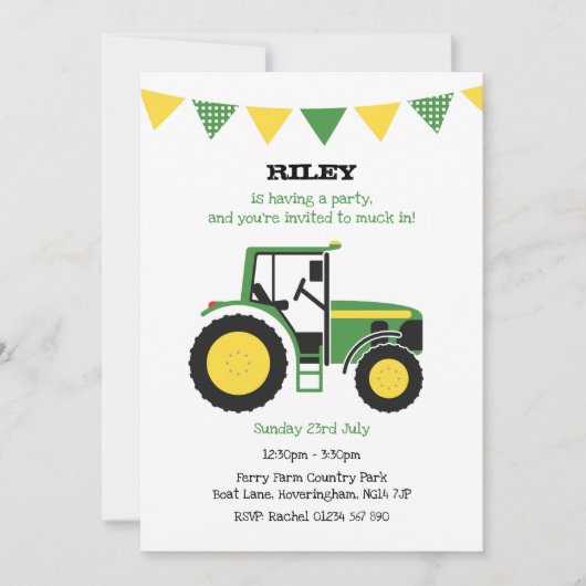 Invitation de fête d'anniversaire de Green Tractor (Devant)