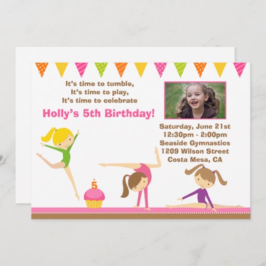 Invitation de fête d'anniversaire de gymnastique (Devant / Derrière)