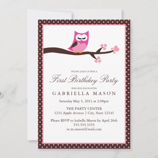 Invitation de fête d'anniversaire de la Chouette r (Devant)