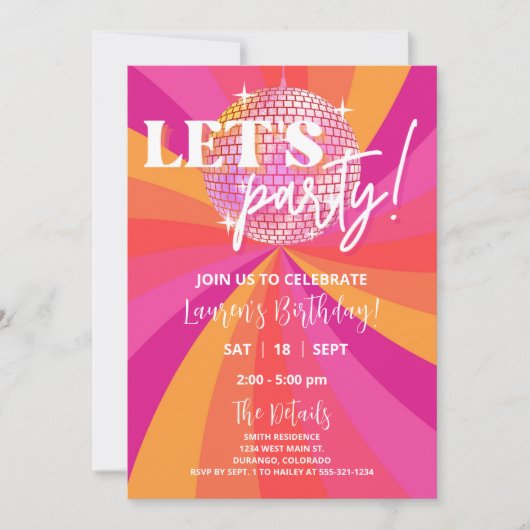 Invitation de fête d'anniversaire de la Disco les  (Devant)