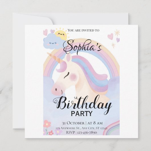 Invitation de fête d'anniversaire de la licorne mo (Devant)