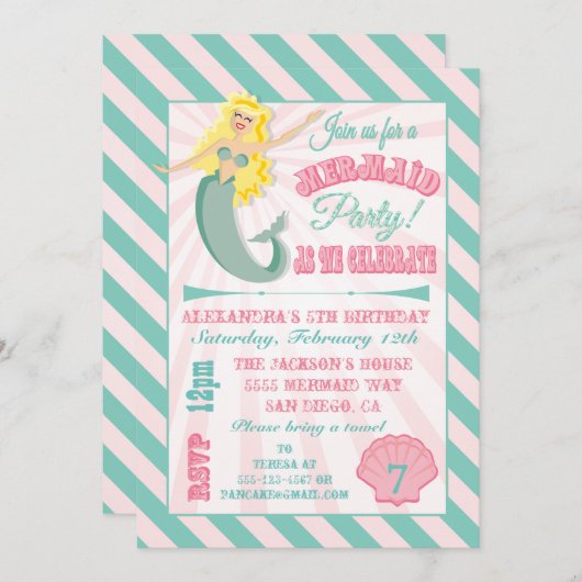 Invitation de fête d'anniversaire de la Sirène mod (Devant / Derrière)