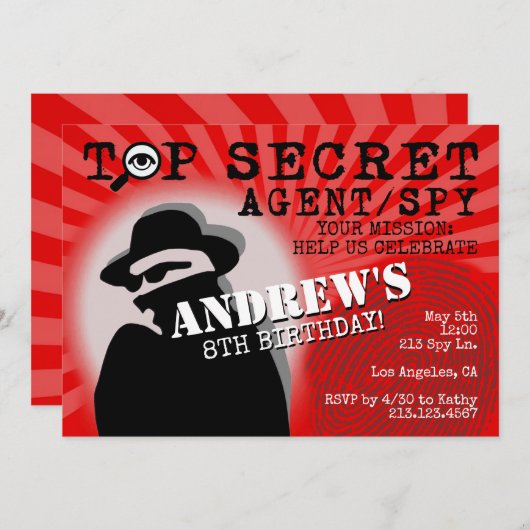 Invitation de fête d'anniversaire de l'agent secre (Devant / Derrière)