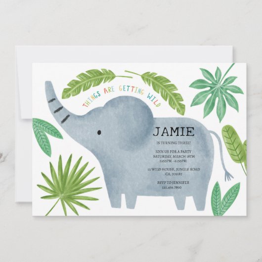 Invitation de fête d'anniversaire de l'éléphant (Devant)