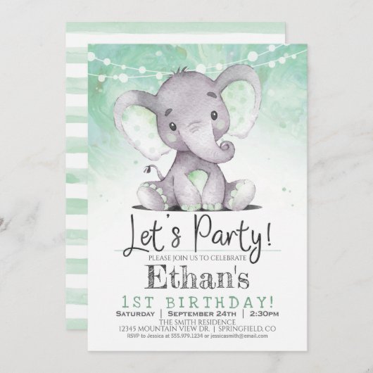Invitation de fête d'anniversaire de l'éléphant ve (Devant / Derrière)