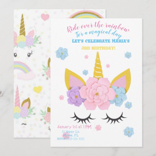 Invitation de fête d'anniversaire de licorne de (Devant / Derrière)