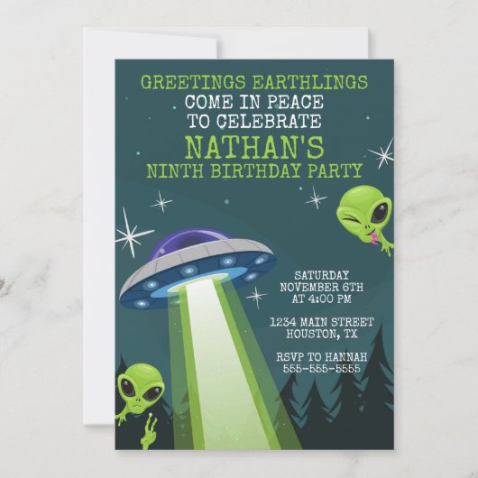 Invitation de fête d'anniversaire de l'OVNI Alien (Devant)