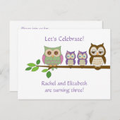 Invitation de fête d'anniversaire de Owl Twins (Devant / Derrière)