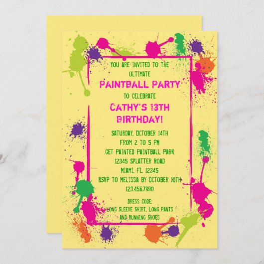 Invitation de fête d'anniversaire de Paintball (Devant / Derrière)