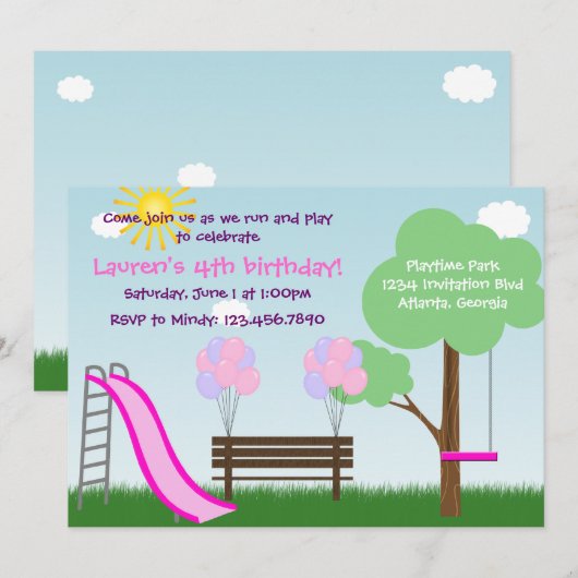 Invitation de fête d'anniversaire de parc (Devant / Derrière)