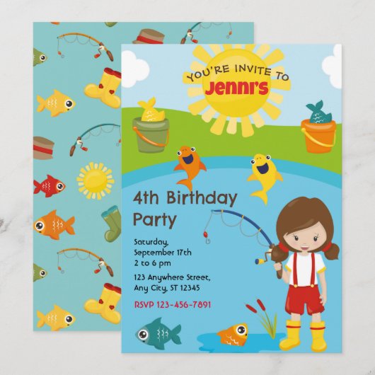 Invitation de fête d'anniversaire de pêche (Devant / Derrière)