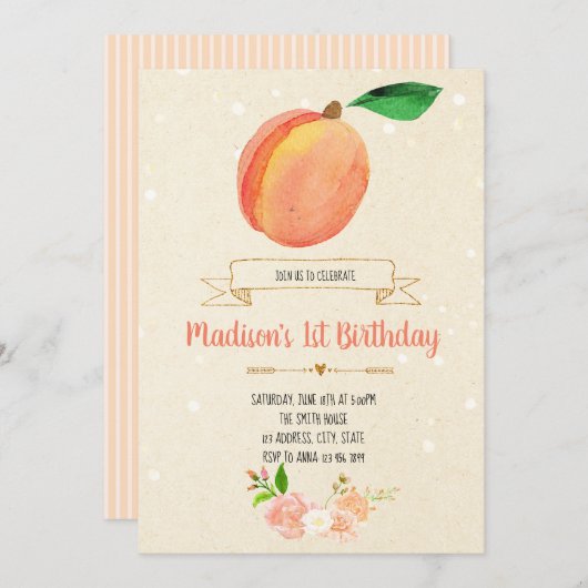 Invitation de fête d'anniversaire de pêche (Devant / Derrière)