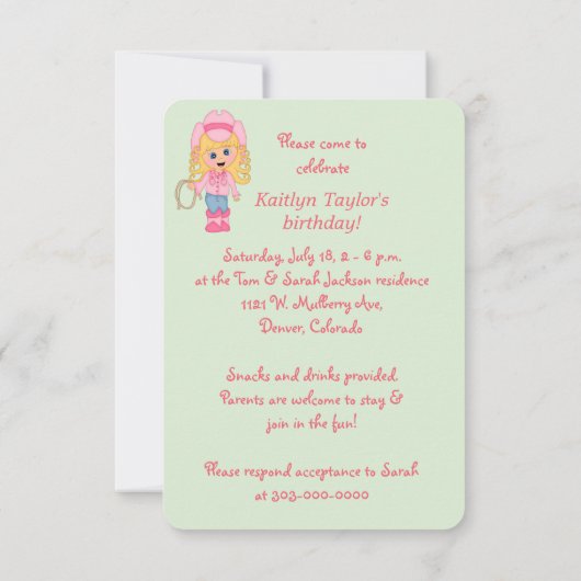 Invitation de fête d'anniversaire de petite fille (Dos)