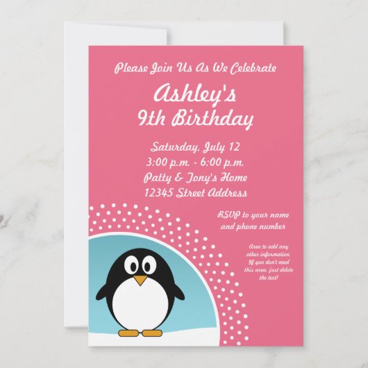 Invitation de fête d'anniversaire de pingouin (Devant)