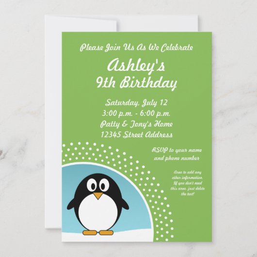 Invitation de fête d'anniversaire de pingouin (Devant)
