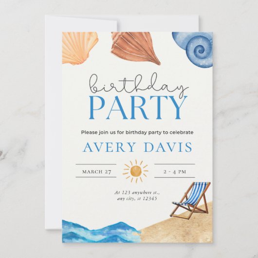 Invitation de fête d'anniversaire de plage (Devant)