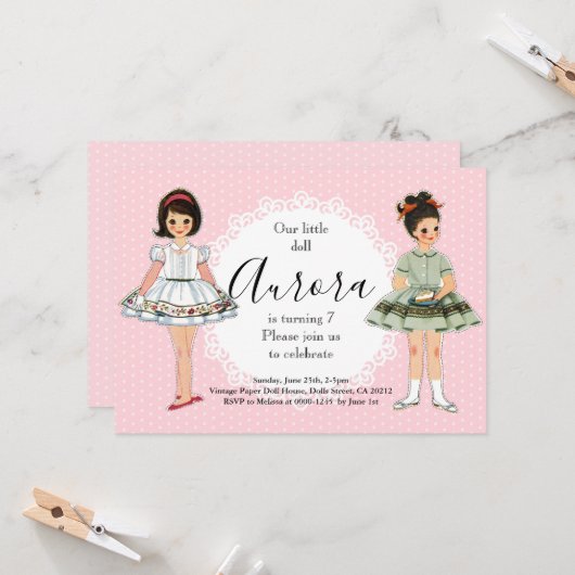 Invitation de fête d'anniversaire de poupée papier (Devant/Arrière en situation)