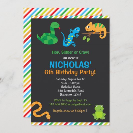 Invitation de fête d'anniversaire de reptile / Par (Devant / Derrière)