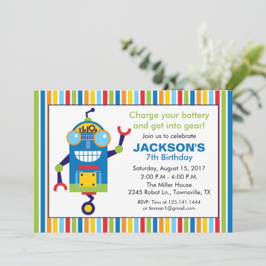 Invitation de fête d'anniversaire de robot (Debout devant)