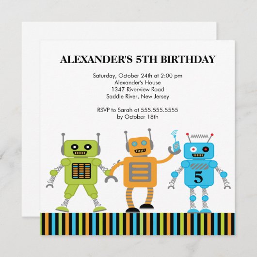 Invitation de fête d'anniversaire de robots (Devant / Derrière)