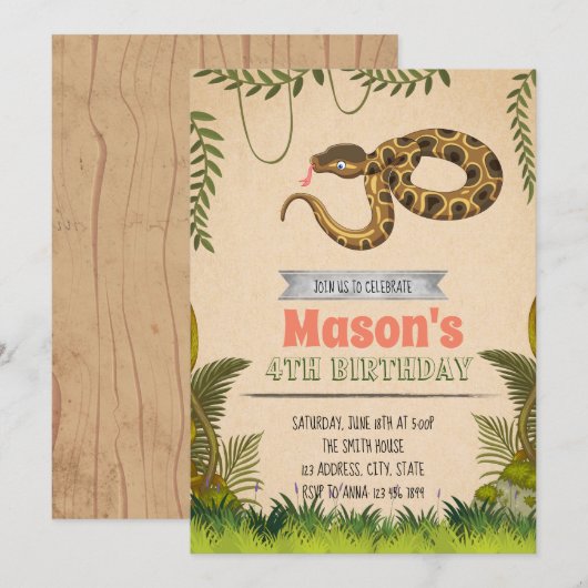 Invitation de fête d'anniversaire de serpent (Devant / Derrière)