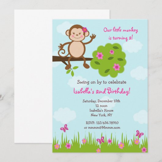 Invitation de fête d'anniversaire de singe (Devant / Derrière)