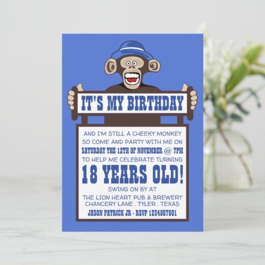 Invitation de fête d'anniversaire de singe Cheeky (Debout devant)