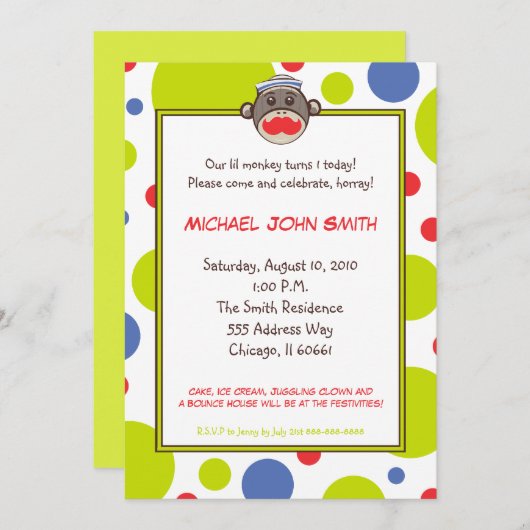 Invitation de fête d'anniversaire de singe de (Devant / Derrière)