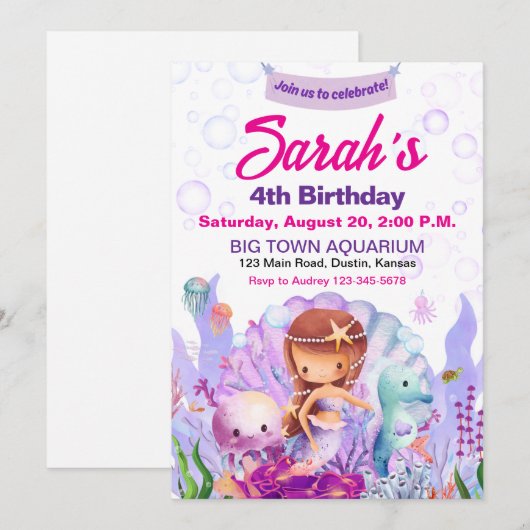 Invitation de fête d'anniversaire de sirène mignon (Devant / Derrière)
