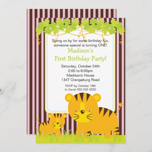 Invitation de fête d'anniversaire de tigre de bébé (Devant / Derrière)