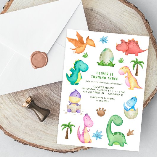 Invitation de fête d'anniversaire de trois dinosau