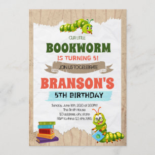 Invitation de fête d'anniversaire de ver de livre