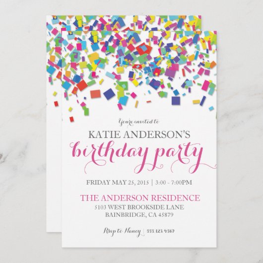Invitation de fête d'anniversaire des confettis | (Devant / Derrière)