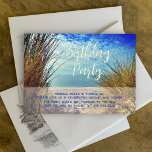 Invitation de fête d'anniversaire des dunes de mer<br><div class="desc">Beach dunes modèle d'invitation pour les hommes ou les femmes qui aiment l'océan. Customisez le texte à deux endroits avec un gros script en haut - exemple, "fête d'anniversaire", et le texte imprimé en bleu en bas. Le design est une photo de plage avec une promenade sablonneuse entre les dunes...</div>