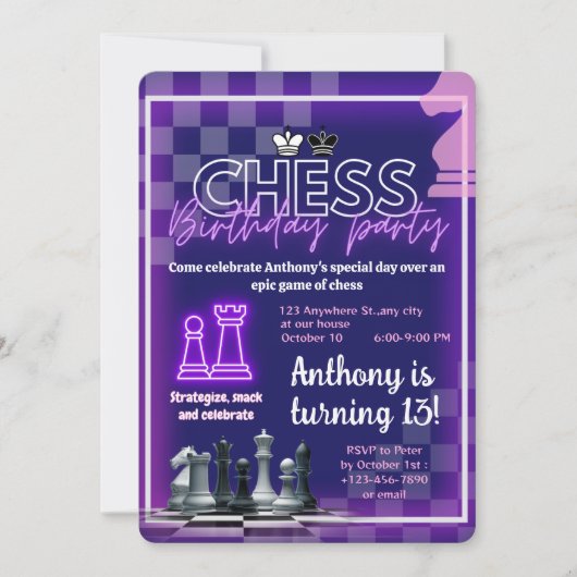 Invitation de fête d'anniversaire des échecs perso (Devant)