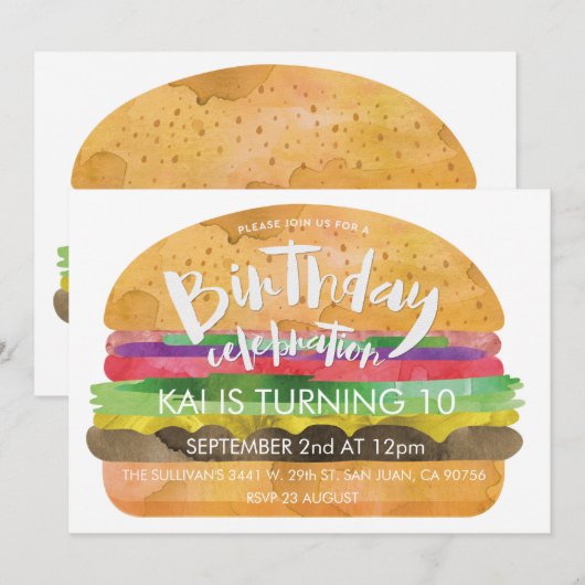 Invitation de fête d'anniversaire d'hamburger (Devant / Derrière)