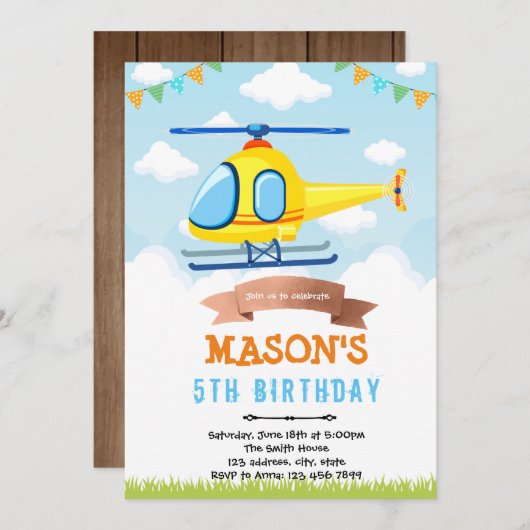 Invitation de fête d'anniversaire d'hélicoptère (Devant / Derrière)