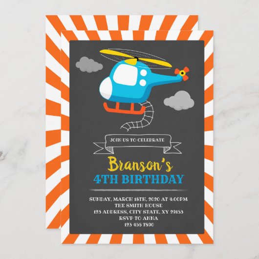 Invitation de fête d'anniversaire d'hélicoptère (Devant / Derrière)