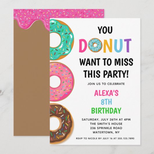 Invitation de fête d'anniversaire Donut (Devant / Derrière)